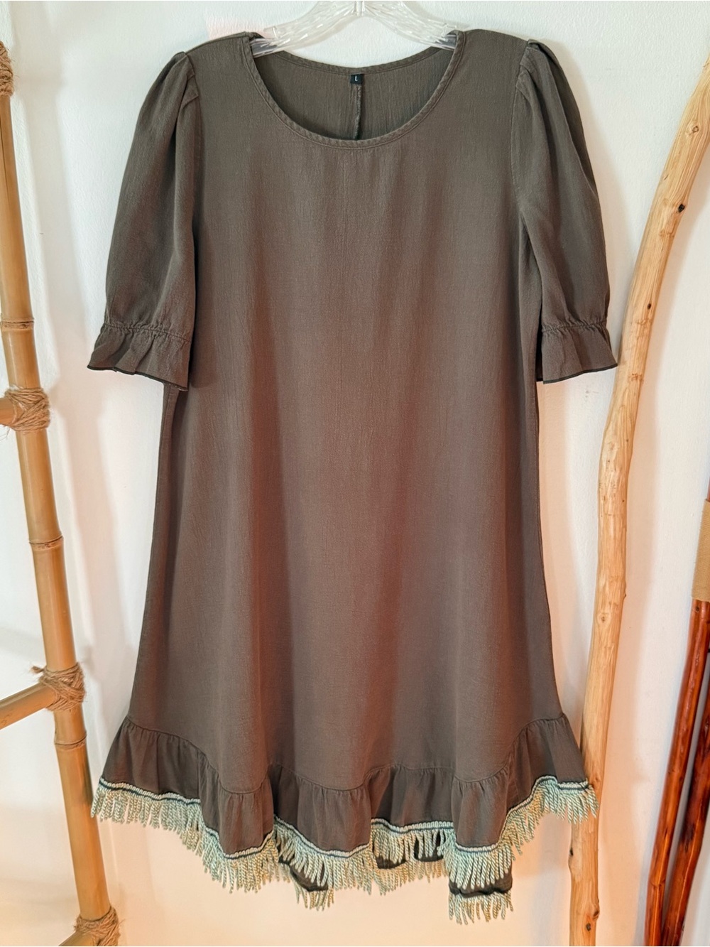 Olive green cotton dress with green Israelite fringe, size L, High-Low #boho